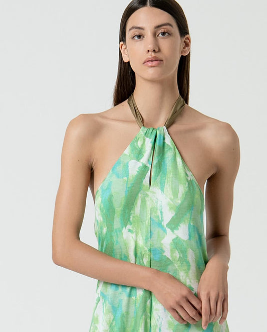 Vestido largo cuello halter cruzado Verde Surkana