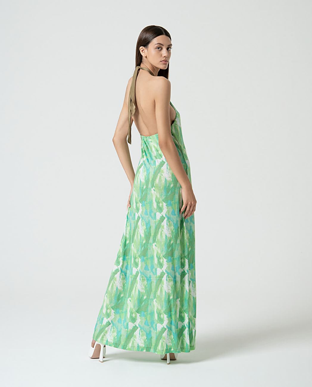 Vestido largo cuello halter cruzado Verde Surkana