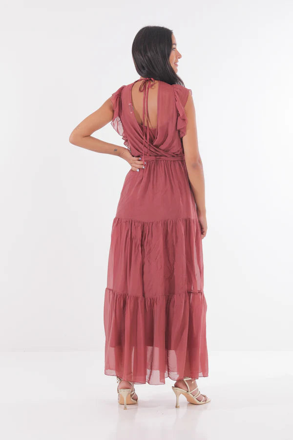 Vestido gasa volantes color granate