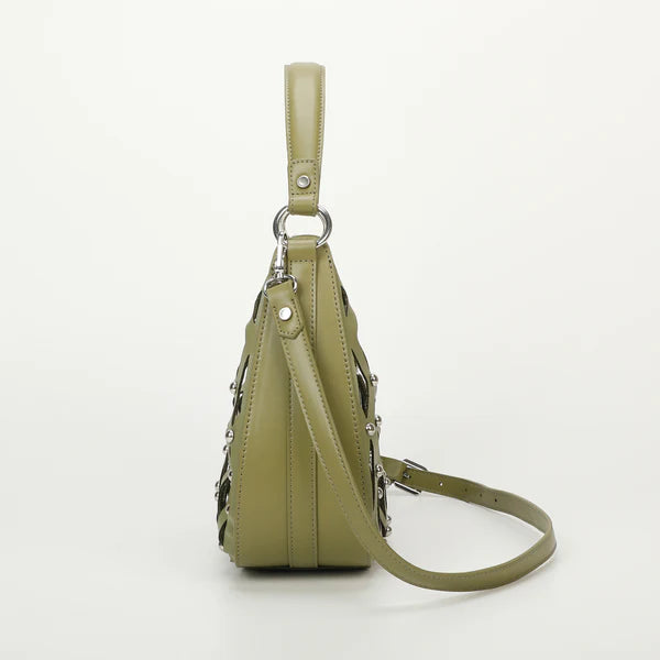 Bolso de hombro efecto red tachuelas kaki Mimi Mua