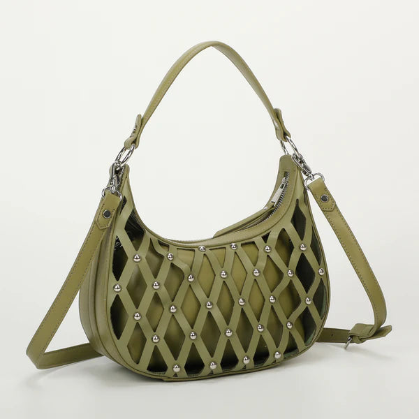 Bolso de hombro efecto red tachuelas kaki Mimi Mua