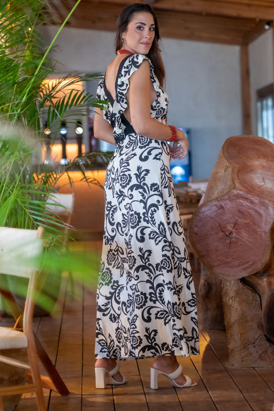 Vestido largo flores blanco y negro