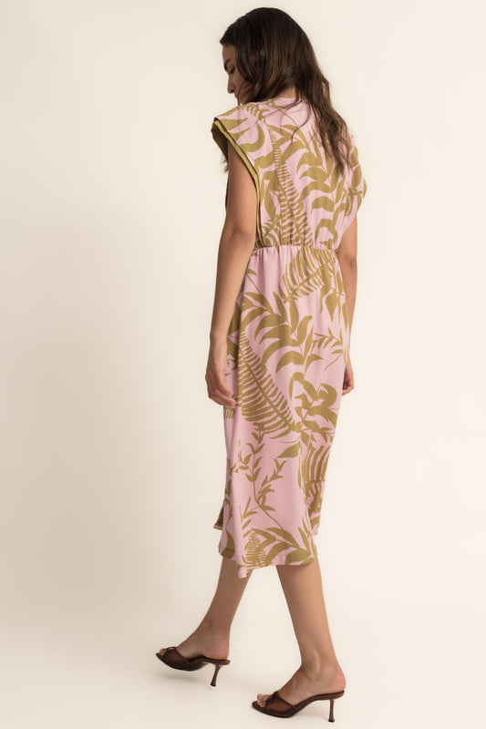 Vestido midi estampado hojas rosa y kaki