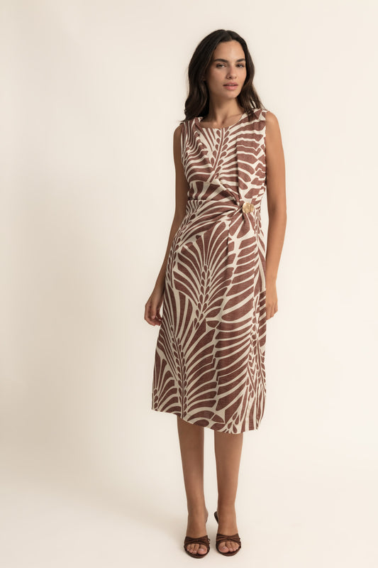 Vestido estampado ajustado cintura marrón marfil