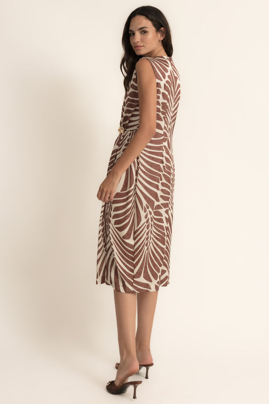 Vestido estampado ajustado cintura marrón marfil