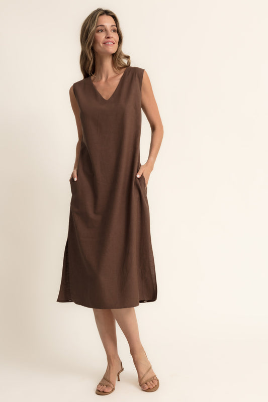 Vestido largo bolsillos mezcla lino chocolate