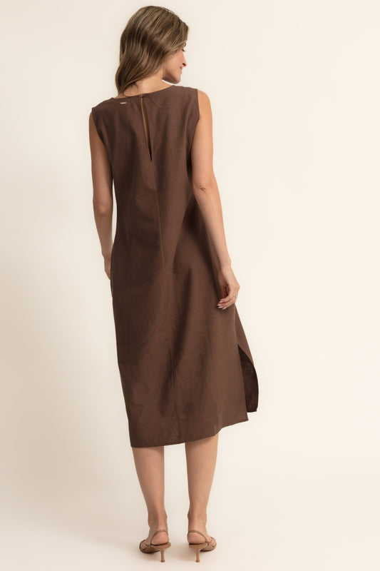 Vestido largo bolsillos mezcla lino chocolate