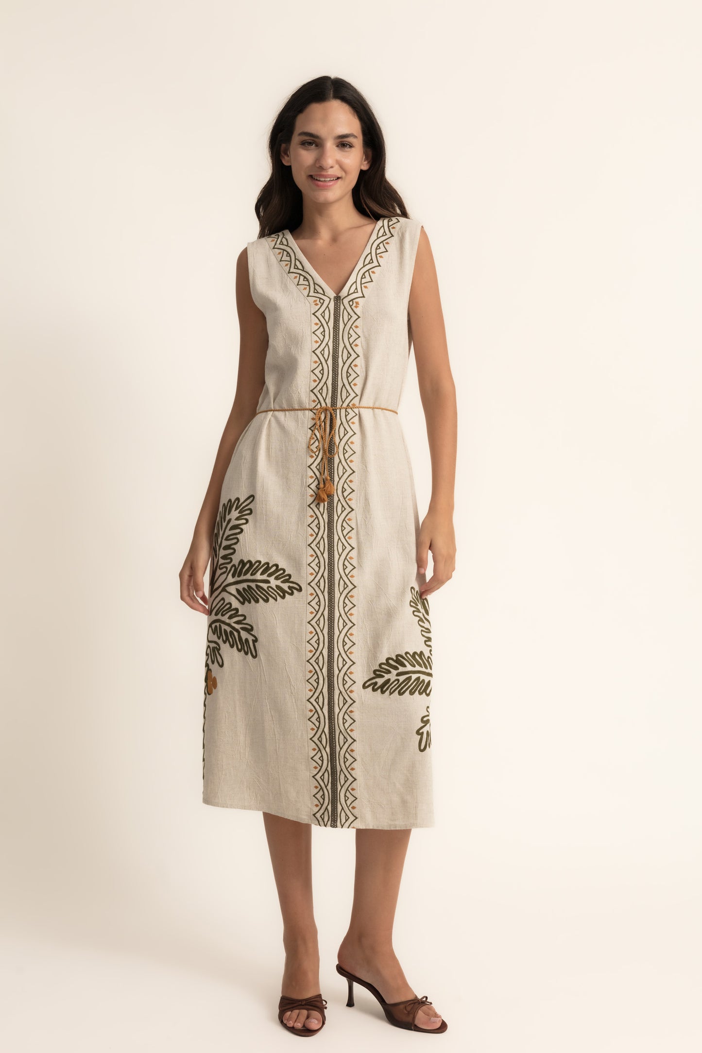 Vestido midi palmeras mezcla lino
