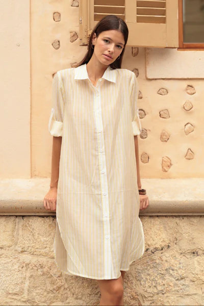 Vestido camisero kourta rayitas amarillo pastel Luna Llena