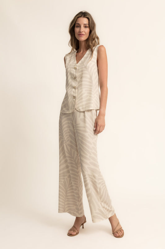 Pantalón estampado hojas beige marfil