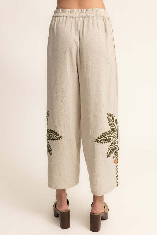 Pantalón recto palmeras bordadas mezcla lino