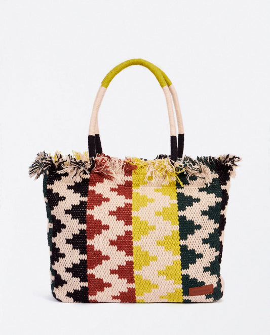 Shopper tejida zigzag y flecos con cremallera verde Surkana
