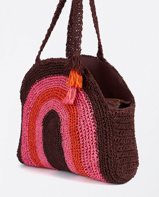 Shopper redonda tejida rafia con rayas Marrón