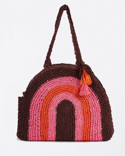 Shopper redonda tejida rafia con rayas Marrón