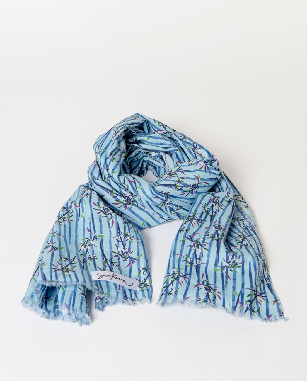 Pañuelo rectangular estampado con flecos cortos Azul Surkana