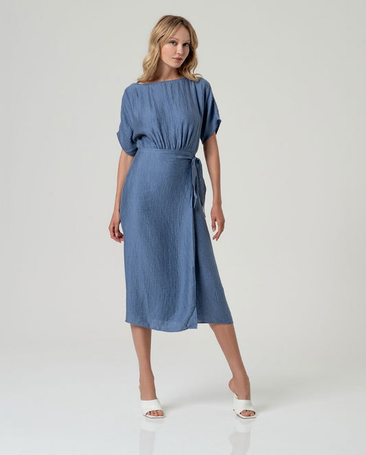 Vestido midi con falda pareo azul acero Surkana