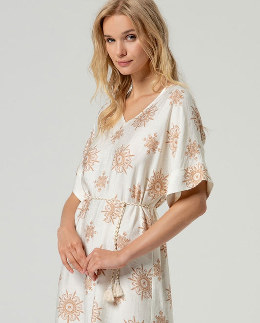 Vestido túnica corto crudo estampado dorado Surkana