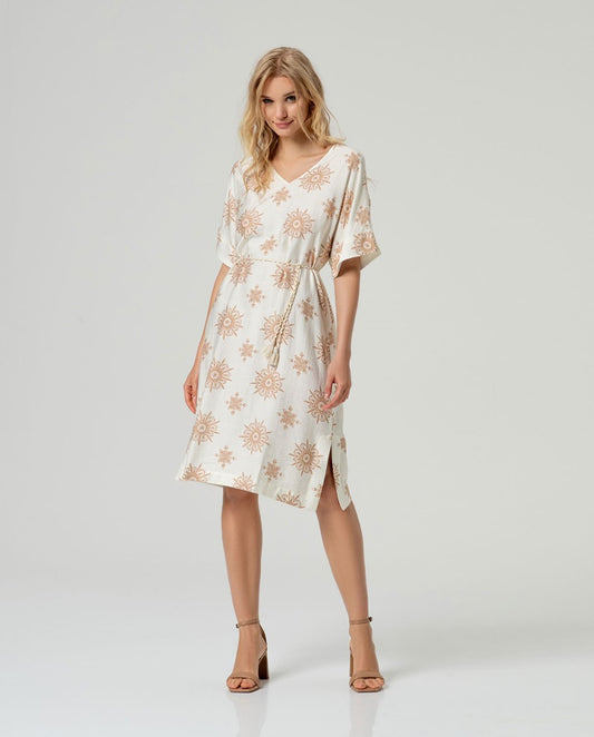 Vestido túnica corto crudo estampado dorado Surkana