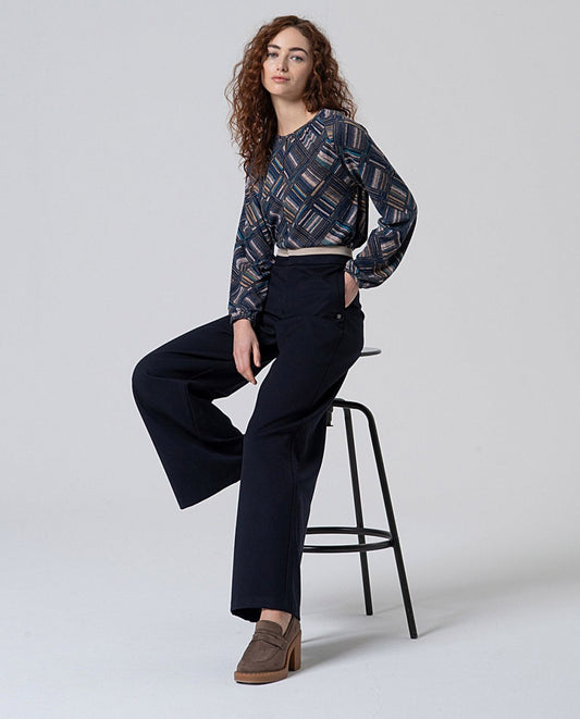 Pantalón amplio con contraste en cintura Azul Marino Surkana