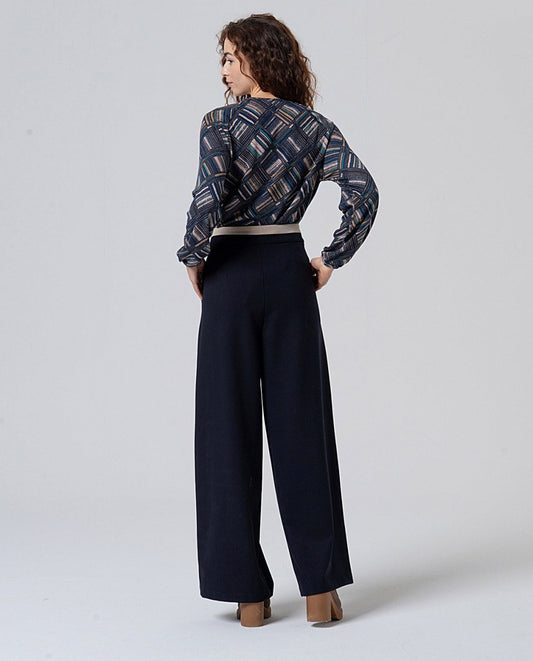Pantalón amplio con contraste en cintura Marino Surkana