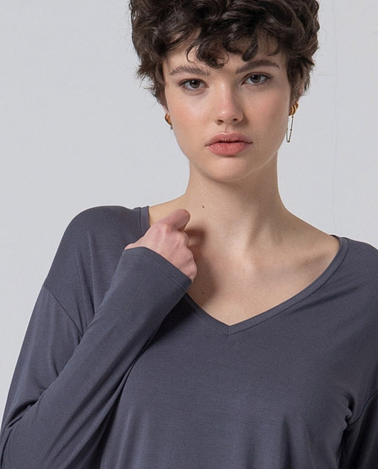 Camiseta amplia con escote de pico Gris oscuro Surkana