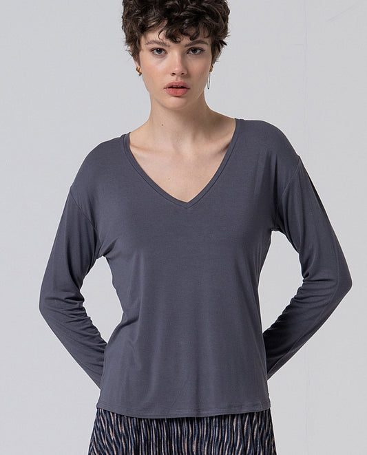 Camiseta amplia con escote de pico Gris oscuro Surkana