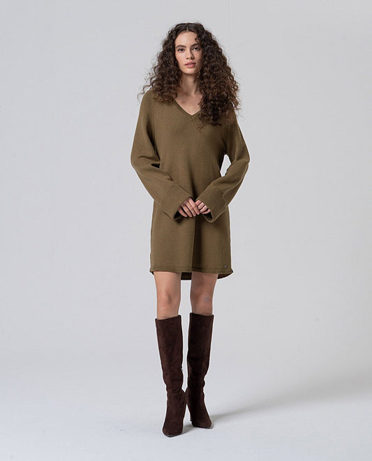 Vestido tricot de cuello pico Kaki oscuro Surkana
