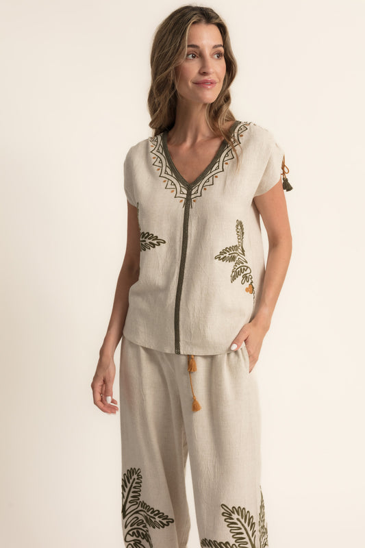 Blusa palmeras bordadas mezcla lino