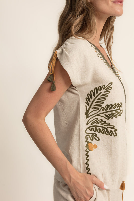 Blusa palmeras bordadas mezcla lino