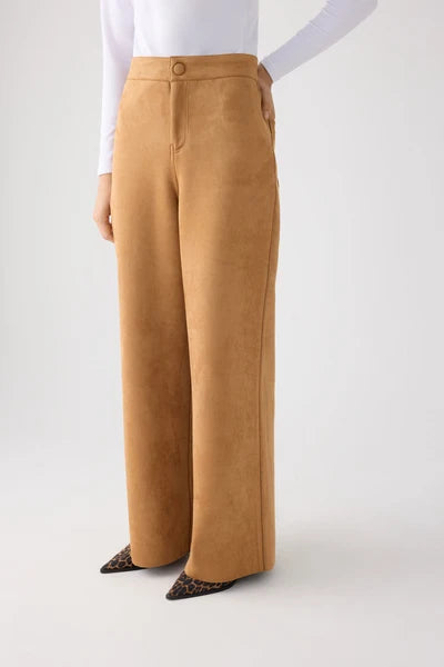 Pantalón ancho efecto ante camel