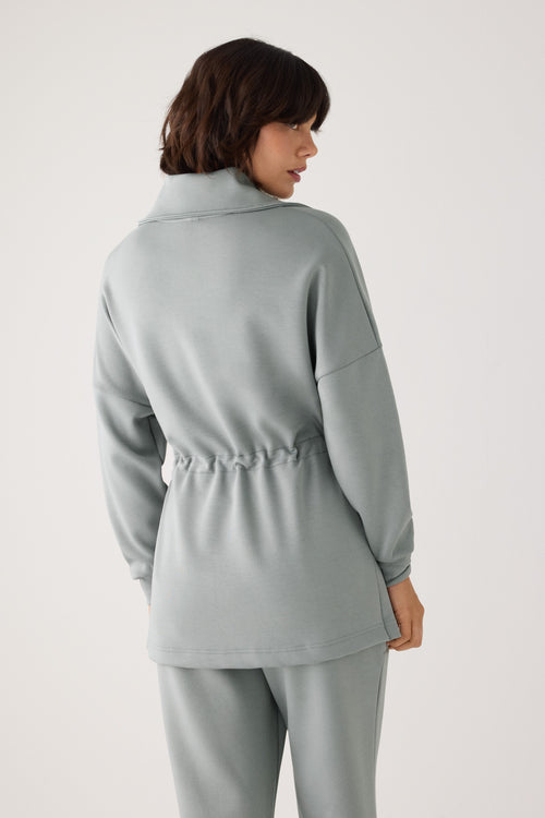 Sudadera larga afelpada con cremallera y cintura ajustable azul