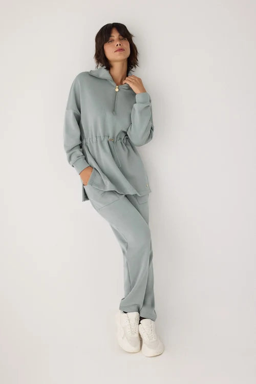 Sudadera larga afelpada con cremallera y cintura ajustable azul