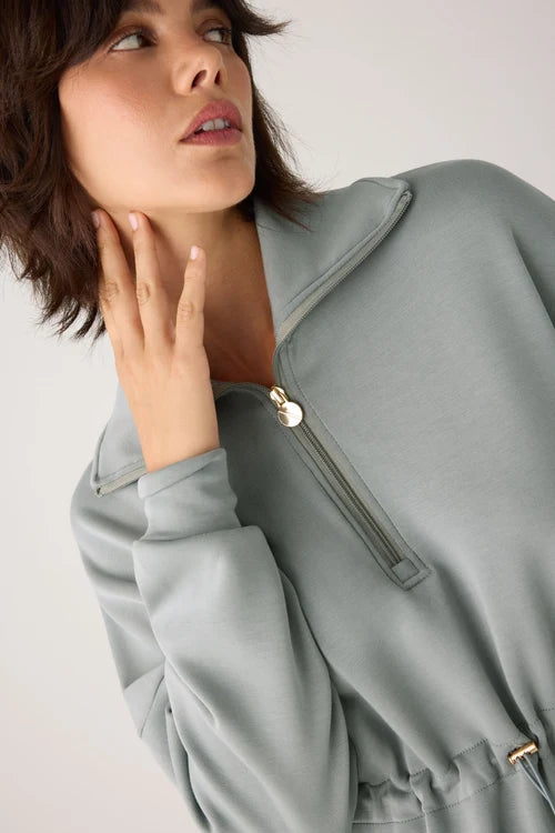 Sudadera larga afelpada con cremallera y cintura ajustable azul