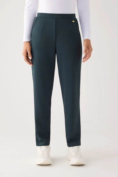 Pantalones slim textura piqué tiro alto verde botella