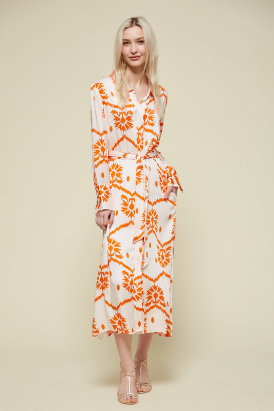 Vestido camisero étnico blanco naranja Van dos