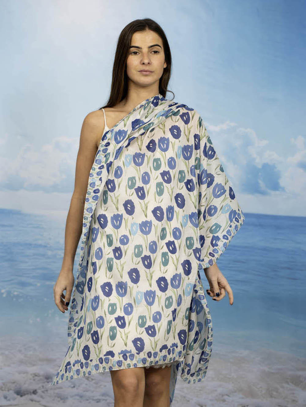 Pañuelo fular pareo tulipanes azul