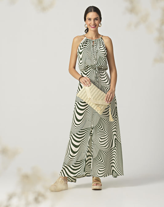 Vestido cuello ajustable blanco verde Amichi