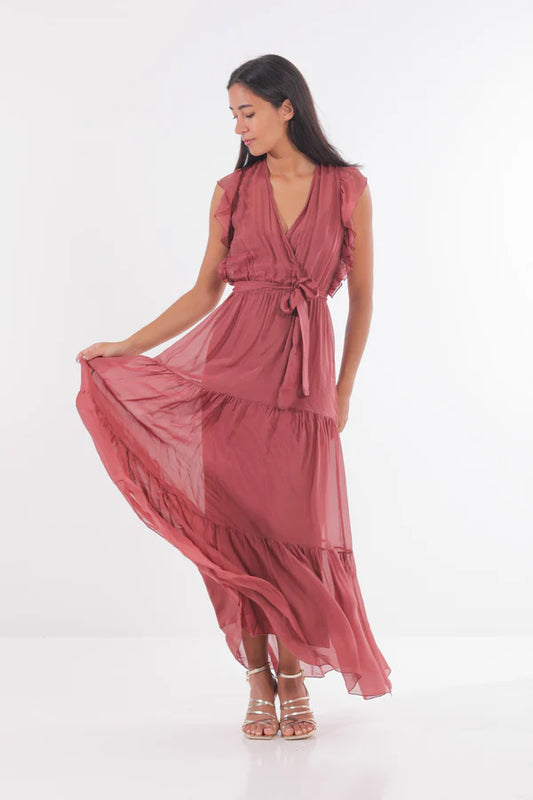 Vestido gasa volantes color granate