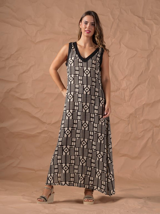 Vestido estampado étnico blanco negro