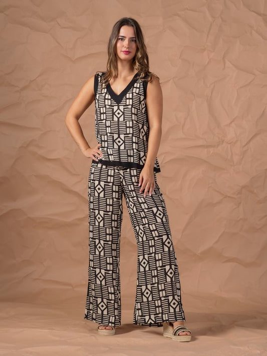 Conjunto estampado étnico blanco negro