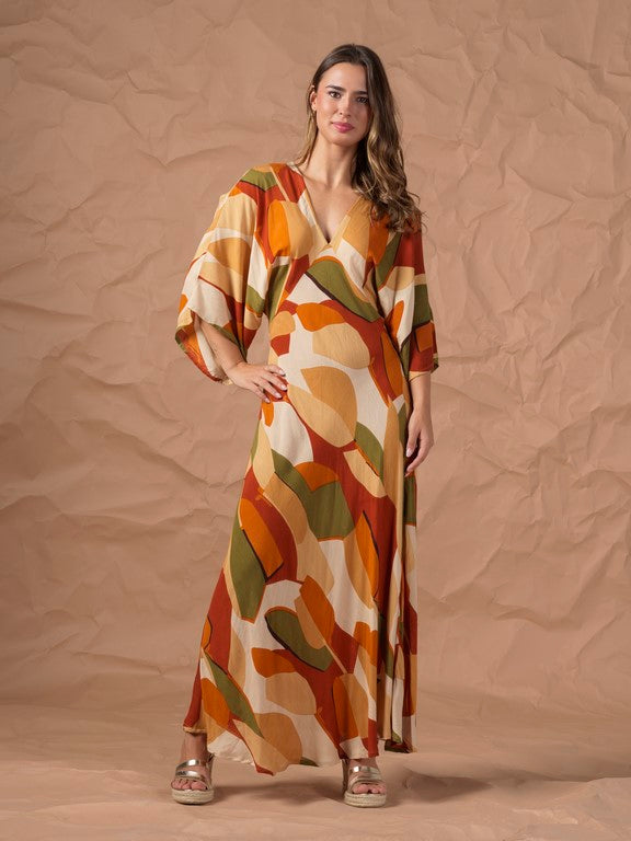 Vestido largo estampado manga murciélago naranja verde