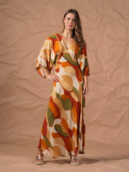 Vestido largo estampado manga murciélago naranja verde
