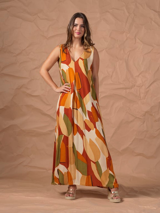 Vestido largo estampado naranja verde