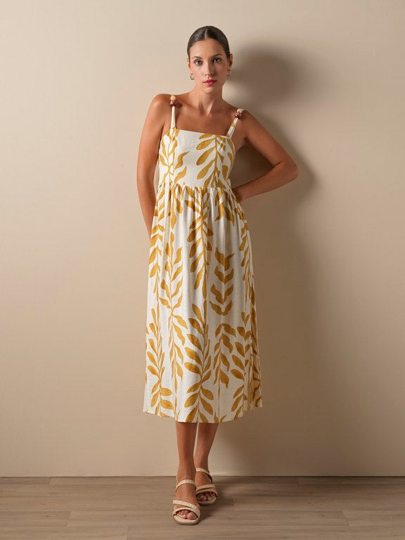 Vestido largo estampado hojas marfil amarillo don algodon