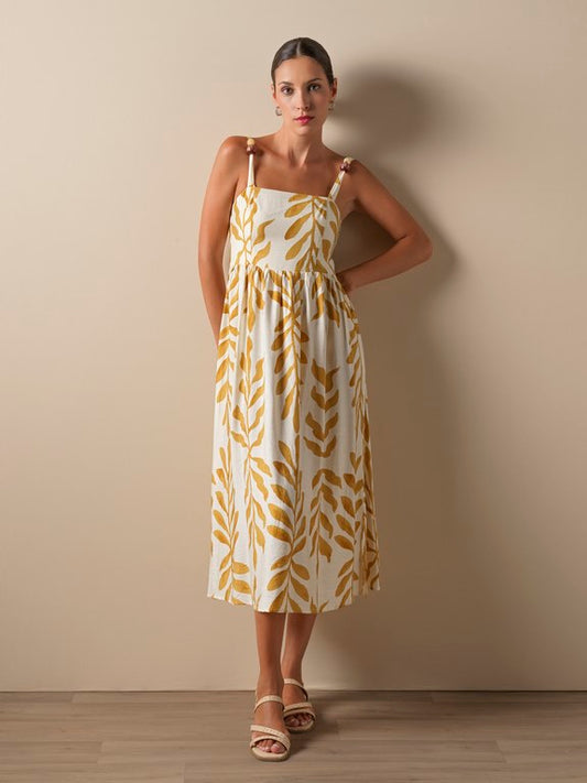 Vestido largo estampado hojas marfil amarillo don algodon