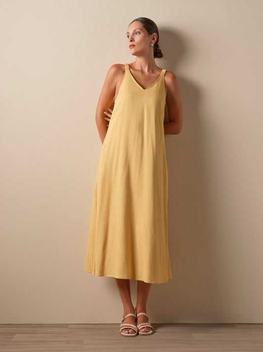 Vestido largo amarillo mezcla lino don algodon