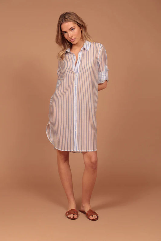 Vestido camisero kourta rayitas celeste Luna Llena