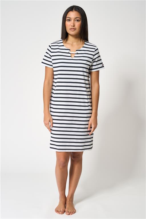 Vestido blanco rayitas escote pico Batela