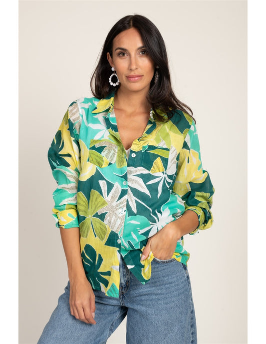 Camisa de algodón estampado hojas