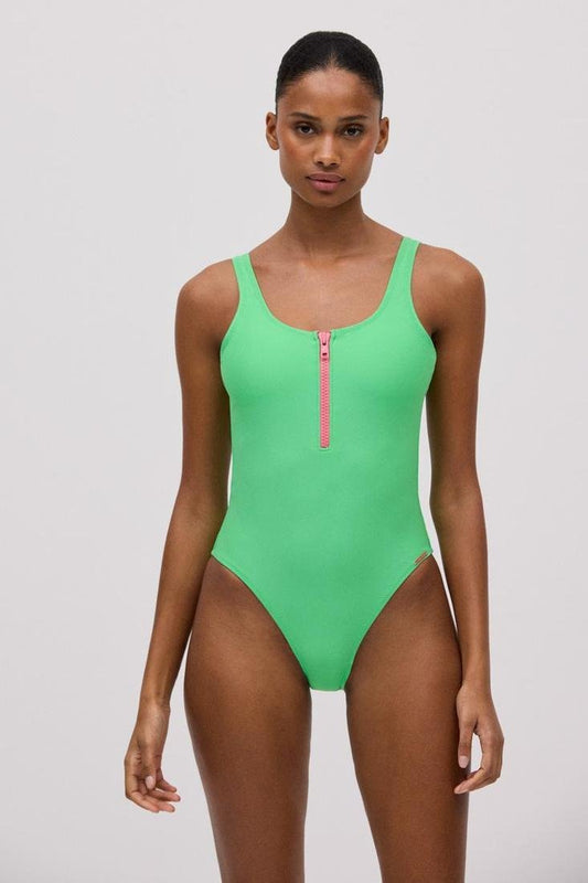 Bañador verde lima cremallera fucsia